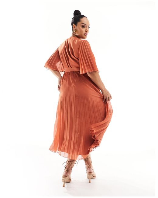 ASOS Orange Asos Design Curve Exclusive Pleated Midi Dress With Kimono Sleeve And Tie Waist