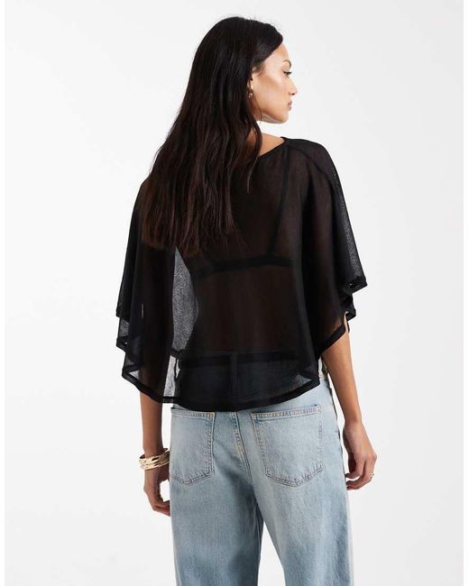 ASOS Black Knit-look Semi Sheer Slash Neck Cape Top