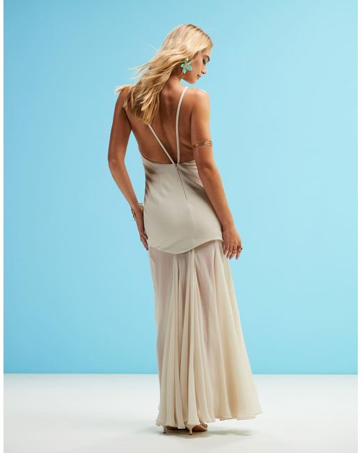 ASOS Blue High Neck Structured Maxi Dress With Waved Hem And Chiffon Godet Skirt