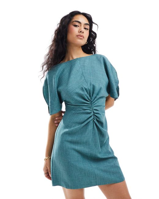 ASOS Blue Linen-look Flutter Sleeve Mini Dress With Ruching Detail