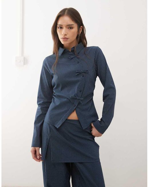 Reclaimed Vintage Blue Tie Up Shirt With Bow Details