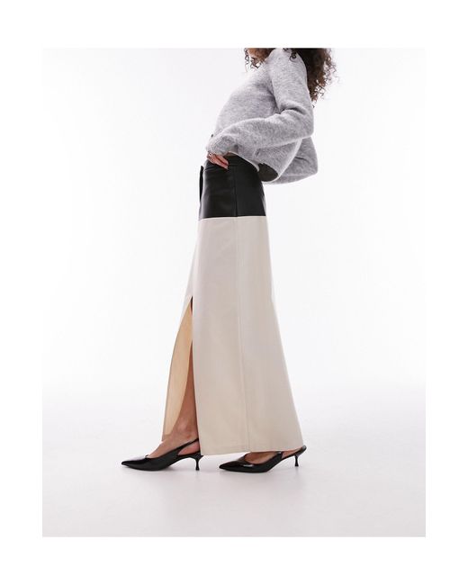 Jupe longue en sergé avec bord contrastant en pu - crème et noir TOPSHOP en coloris White