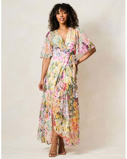 Hope & Ivy Natural The Julia Flutter Sleeve Maxi Wrap Dress With Tie Waist