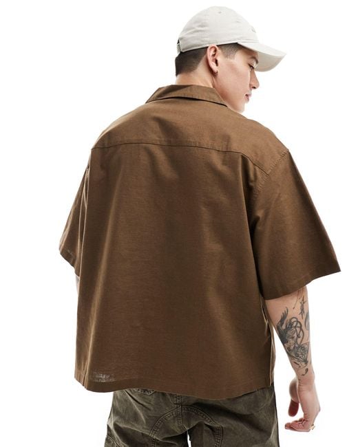 ASOS Brown Boxy Oversized Linen Blend Shirt With Revere Collar for men