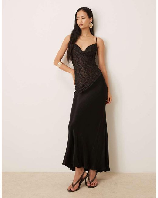 Bardot Black Aralia Asymmetric Lace Bodice Satin Hem Maxi Dress