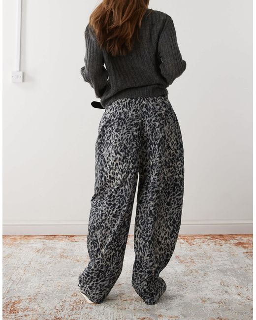 Reclaimed (vintage) Gray Snow Leopard Print Barrel Leg Trouser