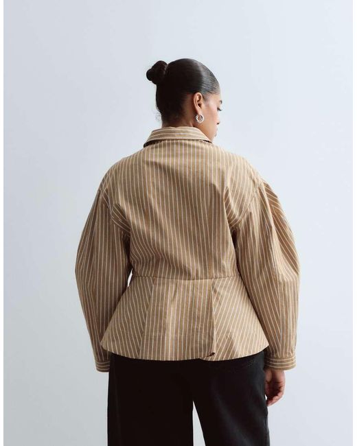 ARRANGE Brown Curve Structured Collared Peplum Shirt With Contrast Buttons