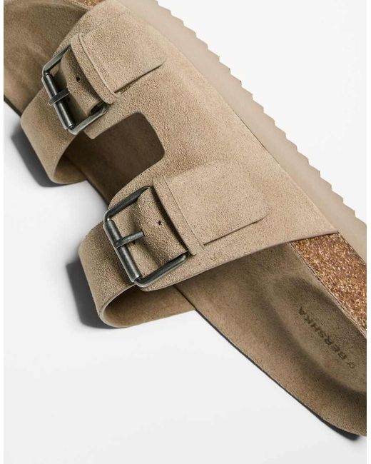 Bershka White Buckled Flat Slider Sandals for men