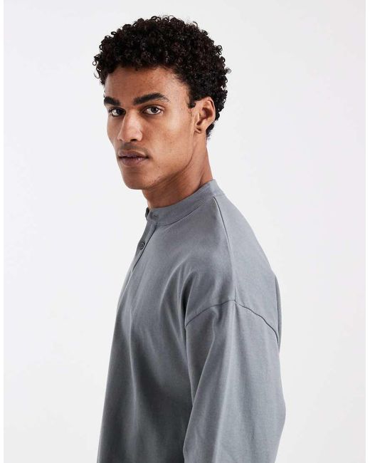 ASOS Gray Heavyweight Oversized Long Sleeve T-shirt With Henley Neck for men