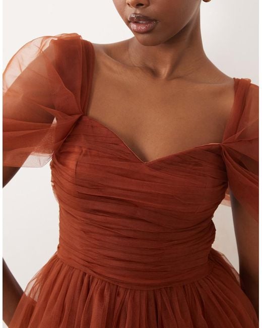 LACE & BEADS Brown Tulle Sweetheart Neck Puff Sleeve Tiered Ruffle Maxi Dress