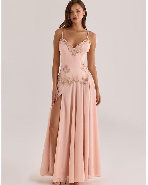 House Of Cb Pink Saloma Satin Custom Hand Beaded Embellished Maxi Dress