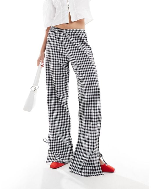 Miss Selfridge White Wide Leg Gingham Trousers With Tie Side Detail