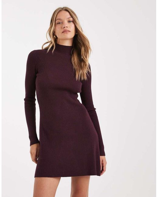 ASOS Purple Knitted Fine Gauge Mini Dress With Rib Detail