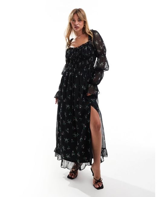 ASOS Black Milkmaid Long Sleeve Sleeve Shirred Waist Midi Dress