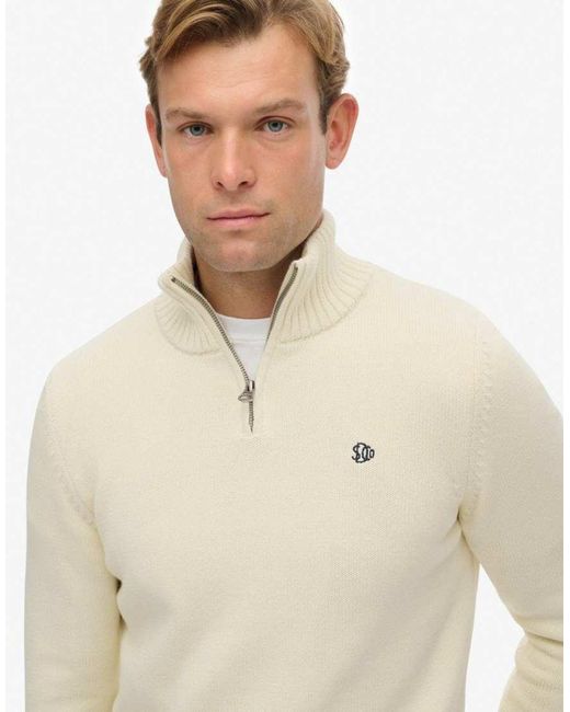Superdry White Cotton Half Zip Knit Jumper for men