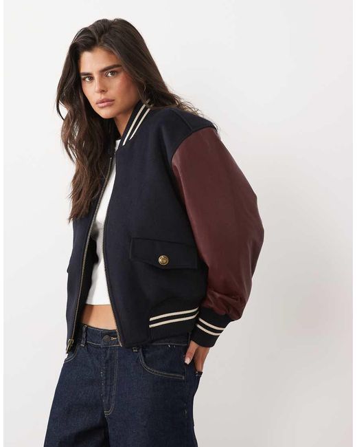 GOOD AMERICAN Blue Faux Leather Varsity Jacket