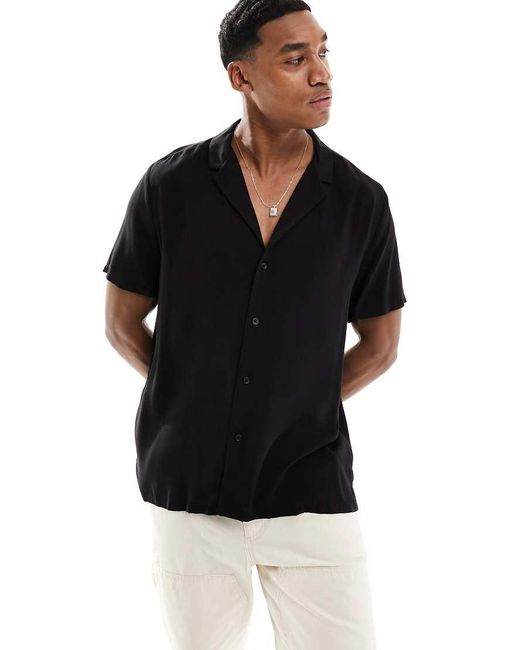 ASOS Black Loose Fit Viscose Shirt With Deep Revere Collar for men