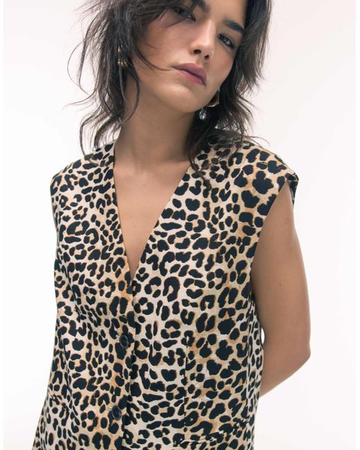 TOPSHOP Black Leopard Print Linen Waistcoat