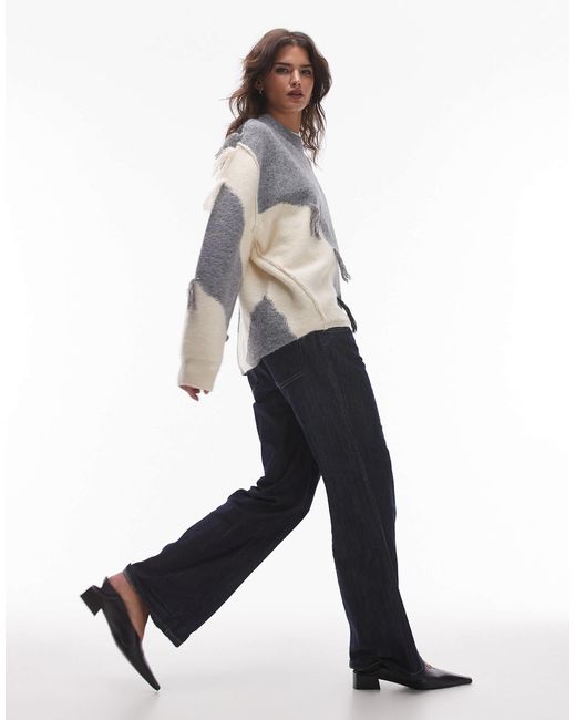 Pull oversize en maille effet patchwork avec pampilles - neutre TOPSHOP en coloris Gray