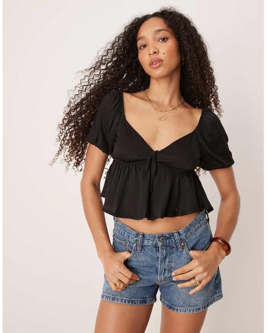 Pimkie Black Tie Front Puff Sleeve Peplum Blouse