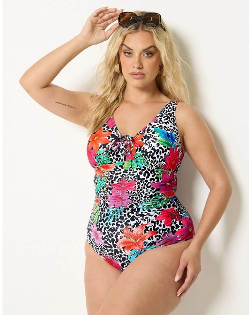 Yours Clothing Black Leopard Floral Lace Up Swimsuit
