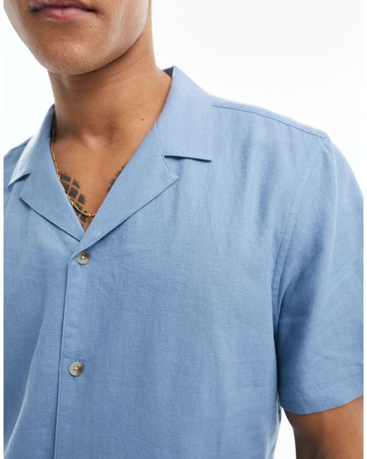 New Look Blue Short Sleeved Linen Blend Shirt for men
