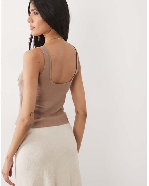 Miss Selfridge Natural Embellished Rib Square Neck Top