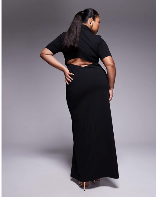 ASOS Blue Asos Design Curve High Neck Maxi Pencil Dress With Short Sleeves And Large Gold Button Detail Split