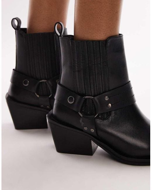 TOPSHOP Black Wide Fit Maxy Leather Western Boots With Harness