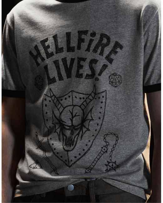 Pull&Bear Gray Hellfire Lives Stranger Things T-Shirt for men