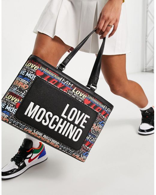 Borsa shopping nera con logo e stampa di Love Moschino in Nero | Lyst
