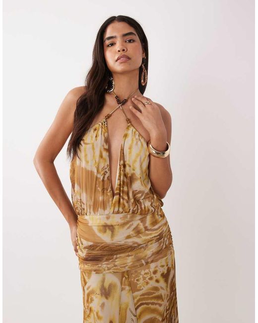 ASOS Natural Printed Mesh Maxi Dress With Crossover Beaded Halter Detail