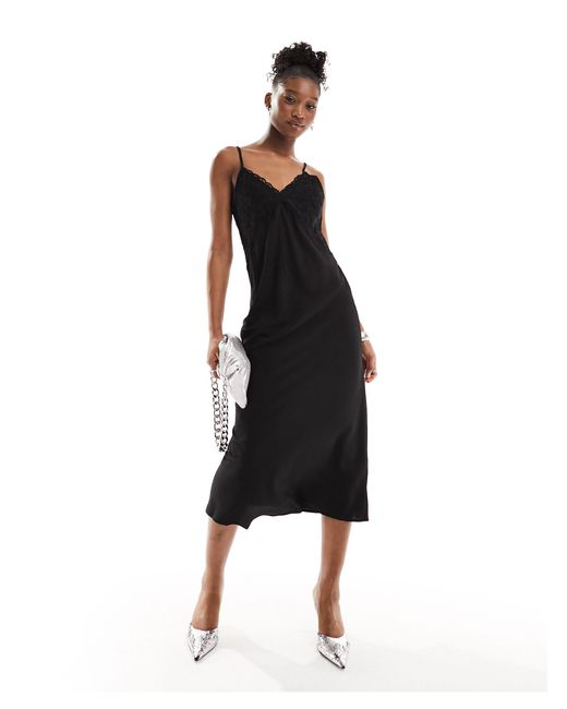 Monki Black Strappy Maxi Slip Dress With Lace Detail