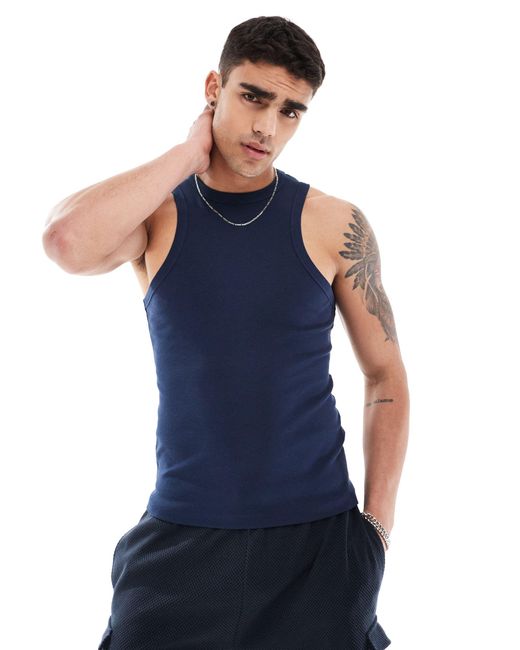 ASOS Blue Muscle Fit Ribbed Racer Neck Tank Top for men