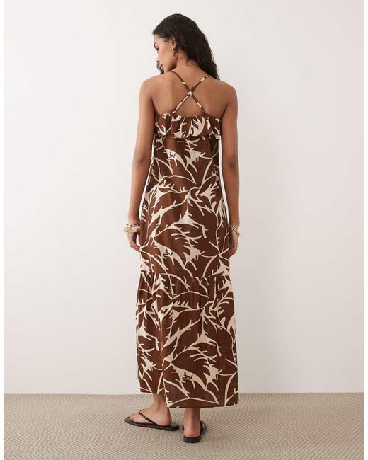 New Look Brown Leaf Print Strappy Midi Dress