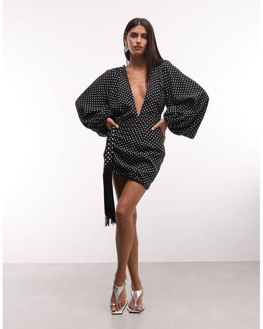 The Dolls House Black Beaudelle Premium Plunge Neck Balloon Sleeve Drape Tassel Detail Mini Dress