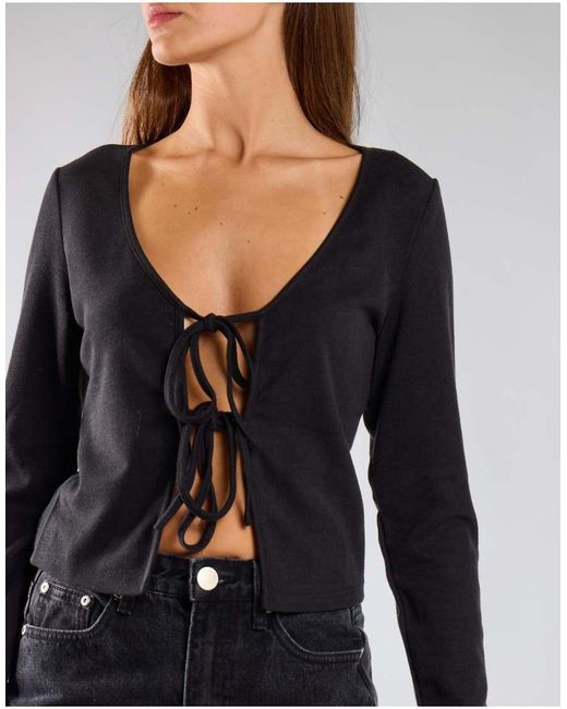 NARRATED Black Long Sleeve Tie Front Top