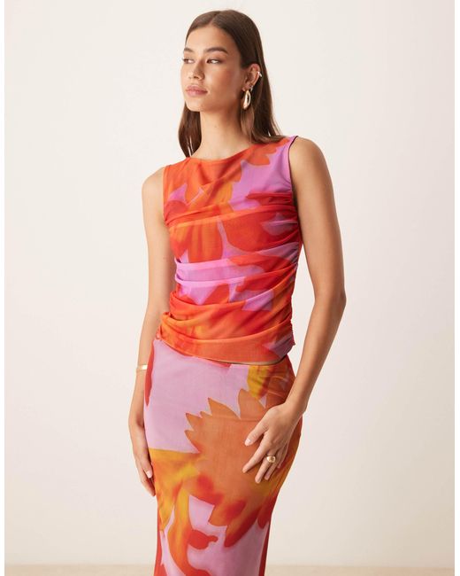 ASOS Orange Mesh Oversized Tropical Floral Slash Neck Co Ord Top