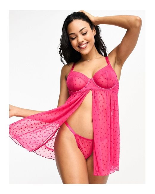 ASOS Pink Fuller Bust Minnie Heart Mesh Underwire Babydoll Thong Set