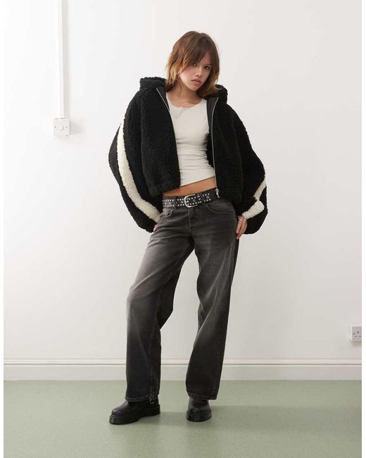Monki Black Zip Through Teddy Hooded Jacket