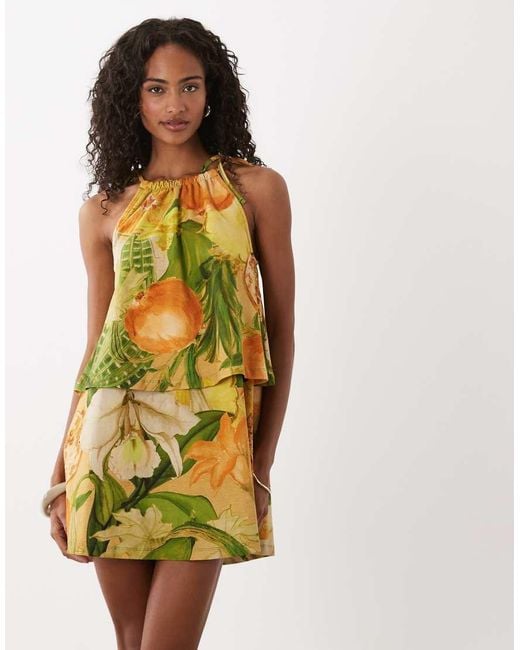 ASOS Yellow Tie Neck Baby Doll Printed Mini Dress