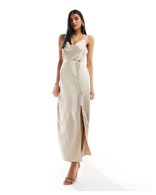 Vila White Bridesmaid Cowl Neck Cami Dress With Tie Belt And Front Split