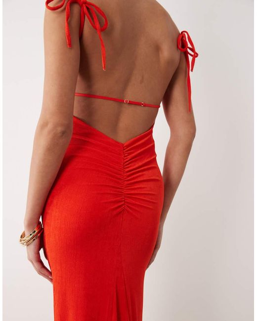 Oh Polly Red Tie Shoulder Asymmetric Maxi Dress