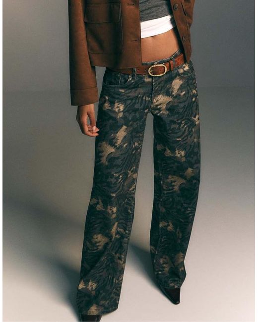 Stradivarius Green Wide-leg Low-waist Printed Trousers