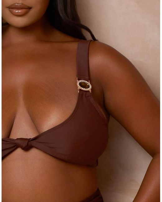 Moda Minx Curve Brown X Alessa Tyrrell-charles Knot Front Bikini Top With Faux Gem Detailing
