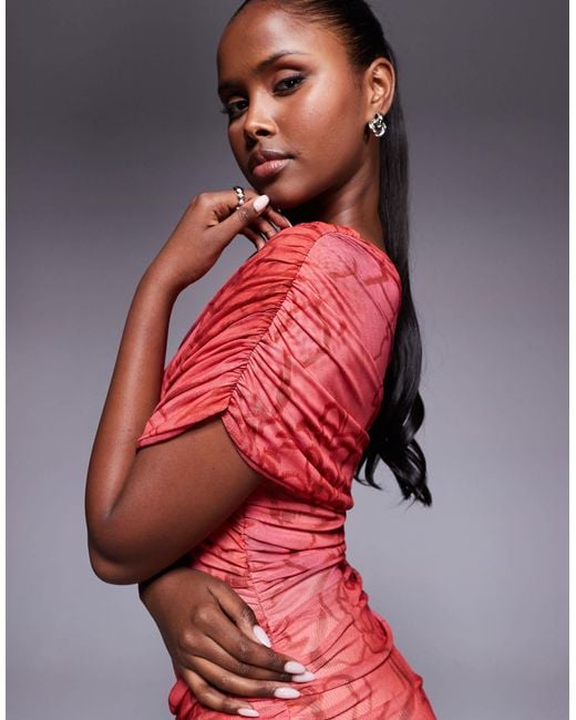 ASOS Red – one-shoulder-maxikleid aus netzstoff mit gerafftem oberteil und blumenprint