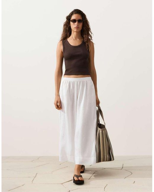 Oysho Natural 100% Linen Super Wide-Leg Cropped Trousers