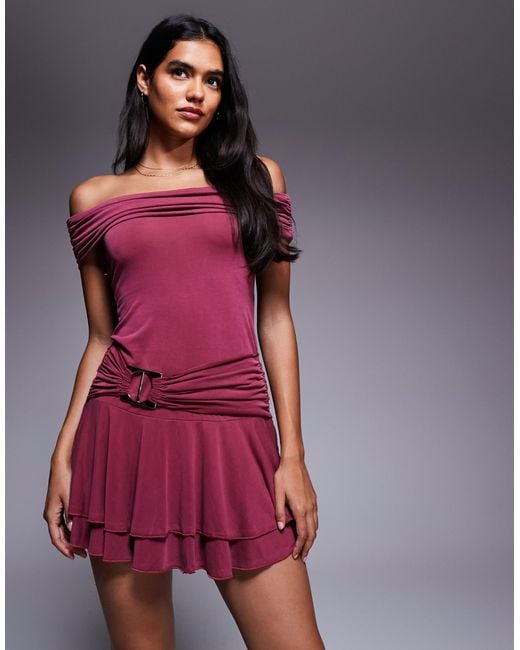Princess Polly Purple Primadonna Off The Shoulder Metal Hardware Detail Ruffle Hem Open Back Mini Dress
