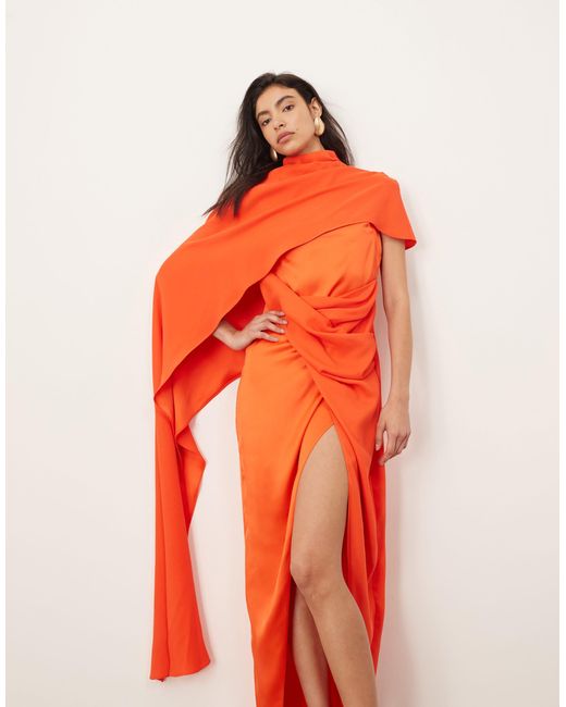 ARRANGE Orange Asymmetric Caped Maxi Dress