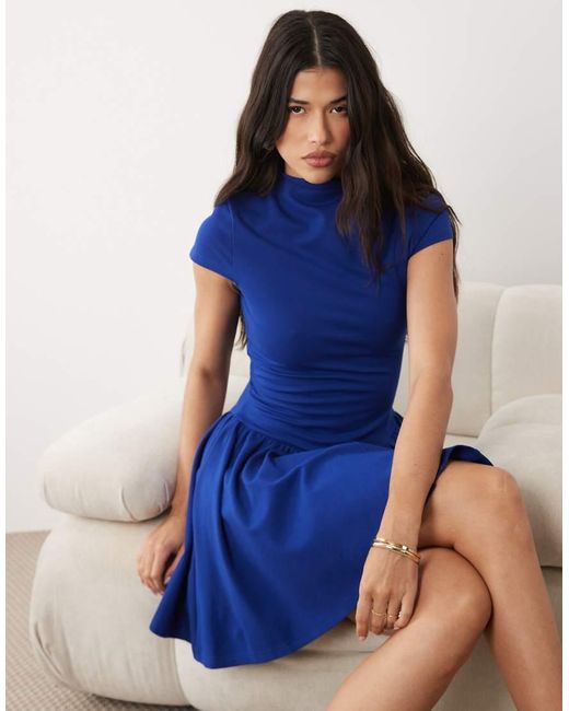 Kaiia Blue Exclusive High Neck Short Sleeve Fit And Flare Ponte Mini Dress